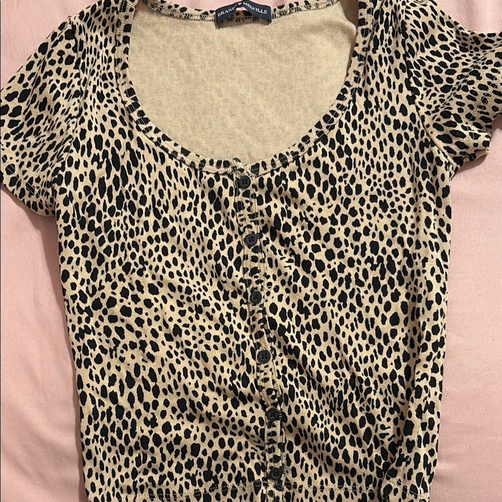 Brandy Melville Tan and Black Button Down Shirt Fitted Style